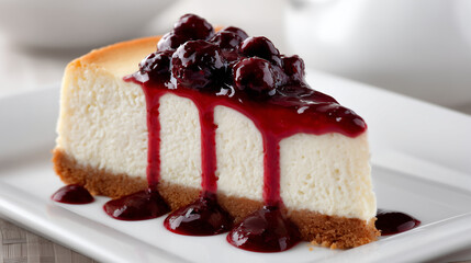 白いお皿に盛り付けられた濃厚なベリーソースがたっぷりとかかったベイクドチーズケーキのカット