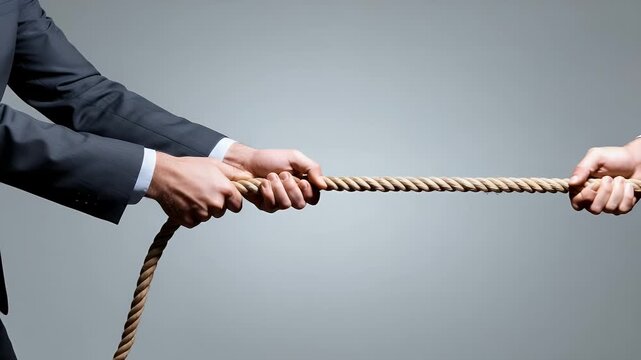 Intense business tug of war scene with two suited men pulling a rope on a gray background, conveying conflict, teamwork, and determination