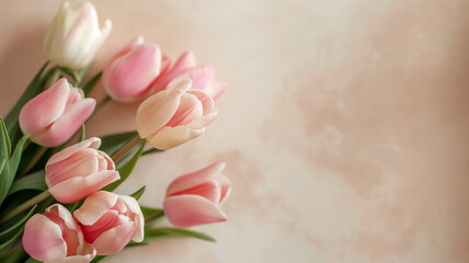 Fototapeta premium Kartka z życzeniami na międzynarodowy dzień kobiet. Kobieta i tulipany.