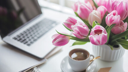 Kartka z życzeniami na międzynarodowy dzień kobiet. Kobieta i tulipany.