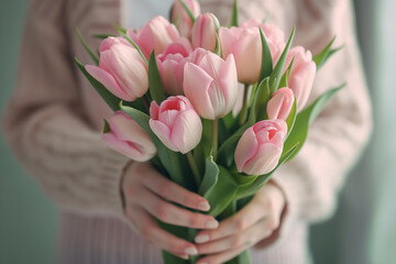 Kartka z życzeniami na międzynarodowy dzień kobiet. Kobieta i tulipany.