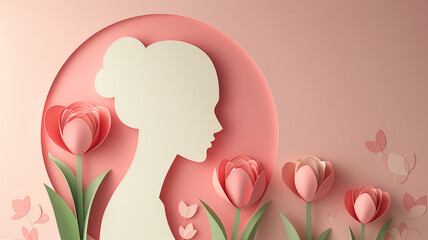 Kartka z życzeniami na międzynarodowy dzień kobiet. Kobieta i tulipany.