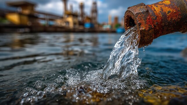 Rusty industrial pipe discharging water flow. Waste water pollution from factory plant with blurred background