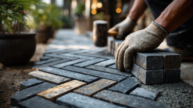 Construction worker laying grey paving stones in a herringbone pattern. Close up of hands in protective gloves holding a brick and rubber mallet. Garden path renovation