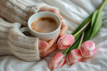 Kartka z życzeniami na międzynarodowy dzień kobiet. Kobieta i tulipany.