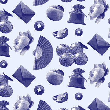 Traditional Chinese new year seamless pattern, Chinese new year illustration vector, line drawing vintage style.