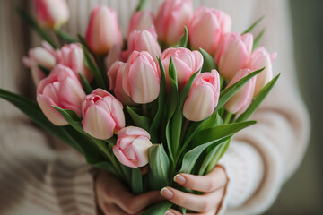 Kartka z życzeniami na międzynarodowy dzień kobiet. Kobieta i tulipany.