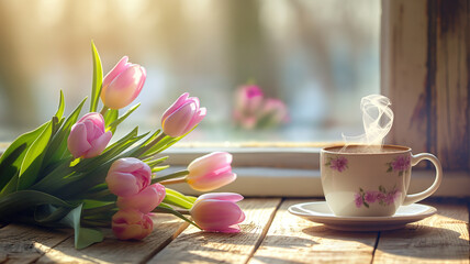 Kartka z życzeniami na międzynarodowy dzień kobiet. Kobieta i tulipany.