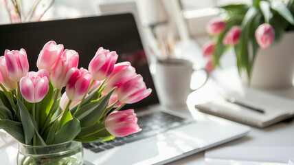 Kartka z życzeniami na międzynarodowy dzień kobiet. Kobieta i tulipany.