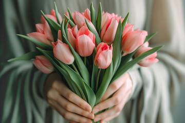 Kartka z życzeniami na międzynarodowy dzień kobiet. Kobieta i tulipany.