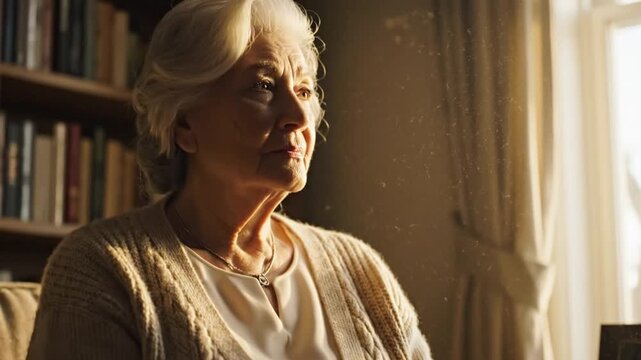 An elderly woman sits quietly, contemplating life&acirc;&euro;TMs memories near a sunlit window with a photo and a cup