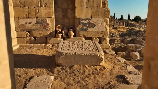 Ancient archaeological ruins of the Temple of Zeus Baalbek Lebanon with historical carvings and mosaics at sunrise