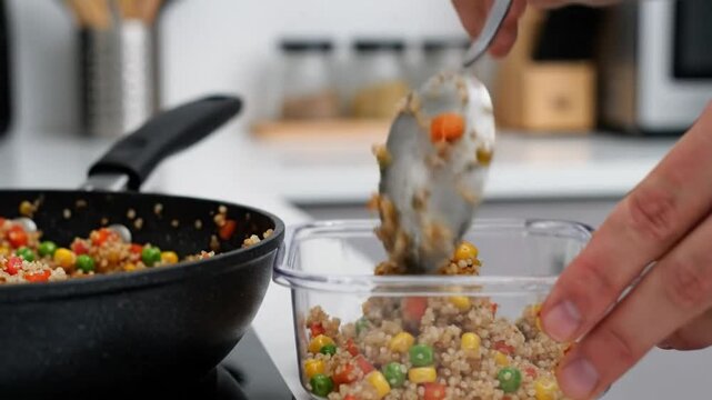 Preparing and Packing a Healthy Meal: Scooping Cooked Quinoa with Vegetables into a Storage Container