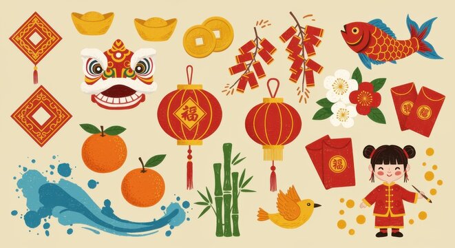 Chinese New Year Decorations and Symbols Collection for Festive Celebrations