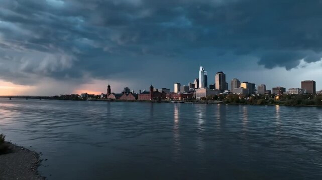 Dramatic cityscape over river at dusk with dark storm clouds and buildings reflecting in the water