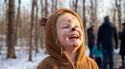 Groundhog Day February celebration blonde toddler child with face paint wearing furry costume laughing joyfully in winter for festive holiday magazine photography