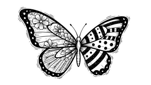 Intricate Black and White Butterfly Illustration with Detailed Wing Patterns.