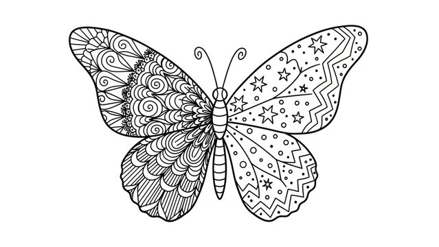Intricate Zen Doodle Butterfly Coloring Page for Adults.