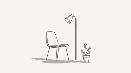 Fototapeta premium Minimalist line art of a modern chair and floor lamp.