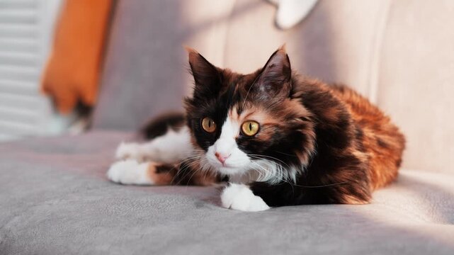 Cat gazes with keen attention, ears lifted, whiskers forward. Moment reflects pure feline curiosity, capturing expressive nature, focused, thoughtful presence. Cozy home, vandal proof fabric on sofa