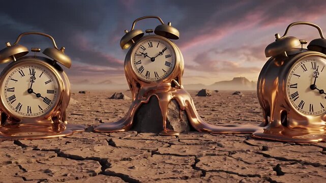 A surreal desert landscape with three melting clocks, distorted and dripping, set against a dramatic sky with clouds and a vibrant sunset.