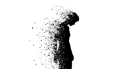 Silhouette of a person dissolving into particles against a white background.