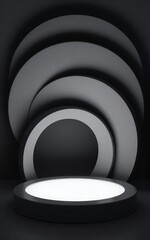 Obraz premium Minimalist black-white abstract sculpture on dark pedestal, glowing circular forms.