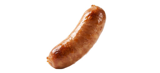 A single cooked sausage with a glossy, browned surface, presented against a white background. Appetizing, ready-to-eat meat product for meals or snacks.