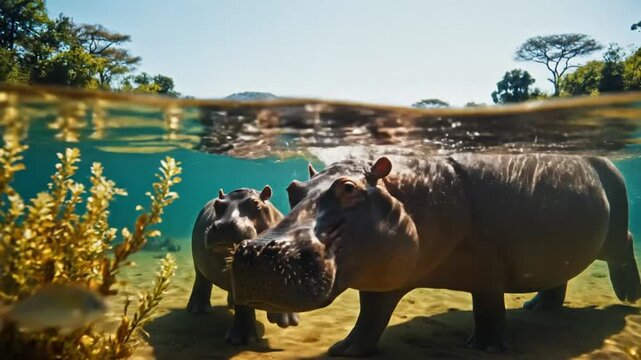 Hippos Underwater with Calf in Clear Blue Water, Swimming Near the Sandy Lakebed