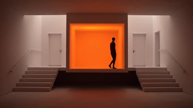 Man walks into bright portal.