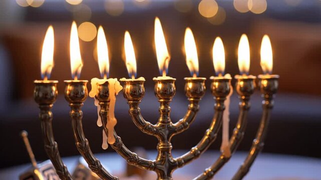 Burning candles illuminate a golden Hanukkah menorah, symbol of faith and holiday celebrations, with blurred bokeh background