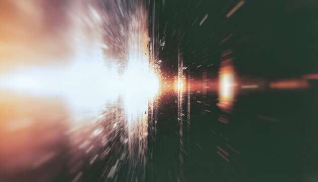 Bright cosmic explosion with a radiant white‑orange core and streaking light rays, evoking a supernova, Big Bang, or high‑speed interstellar burst.