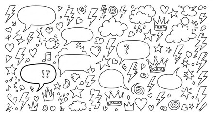 Hand Drawn Comic Speech Bubbles with Emotions and Symbols on White Background