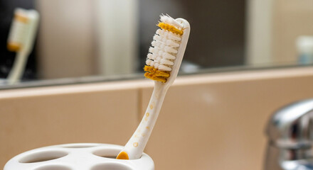 Used toothbrush in bathroom with bristles stained yellow