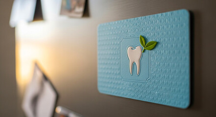 Dental health symbol on blue textured background with green leaves