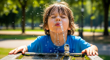 Young boy drinking water from outdoor fountain on sunny day