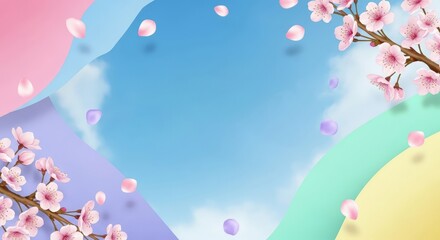 Warm Spring Blue Sky and Cherry Blossom Illustration Background with Copy Space for Graduation, New Job, Moving and Spring Sale Promotion