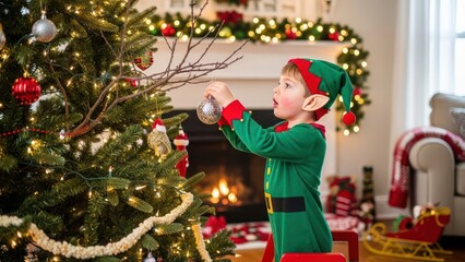 Captivating christmas spirit a young boy dressed as an elf decorates the christmas tree with