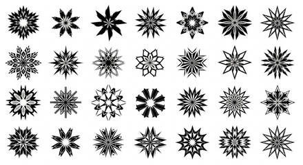 Black Snowflakes Isolated on White Background, Various Designs
