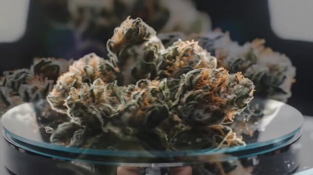 Close-up of cannabis buds with orange pistils on a digital scale reflecting the cannabis flower