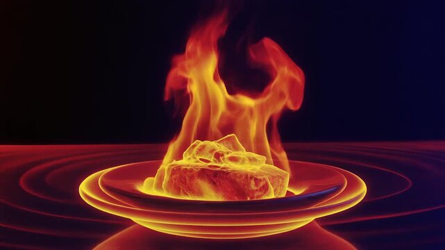 A fiery explosion of flames engulfs a stone on a dark reflective surface