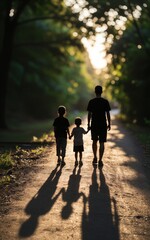 Obraz premium Two children walk hand-in-hand down sunlit path, casting long shadows at golden hour.