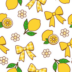 Cute lemon and yellow bow seamless pattern with fresh citrus fruit flowers and gingham ribbon in cheerful hand drawn style