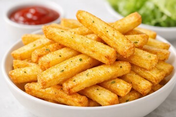 Close-up bowl of crispy golden french fries with seasoning, served alongside dipping sauce and fresh greens on a bright tabletop