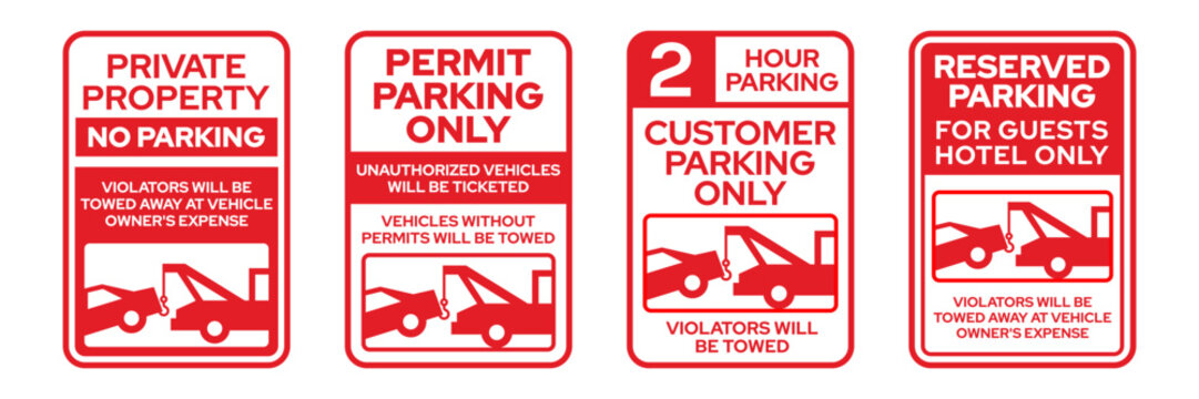 Towing sign set. Truck towing car service, no parking, tow away zone, private parking, towing enforced signs. Towing sign, icon, logo, label, badge, sticker, symbol, red, vector, isolated illustration
