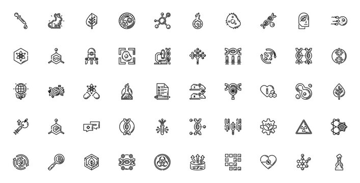 Bioengineering icon set. Vector symbols for DNA, genetics, cell, lab, molecule, nanotechnology, ecology and more. Editable linear icons.