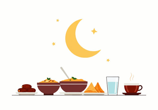 A flat design illustration vector of a Ramadan iftar table setting with a crescent moon and stars, featuring a variety of traditional foods and drinks on a clean white background.