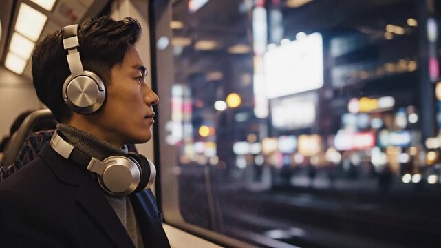 Asian Man with Headphones on Train at Night