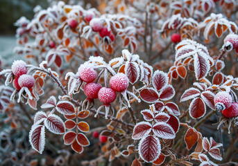 autumn leaves and rose hips in frost crystals on sunny morning