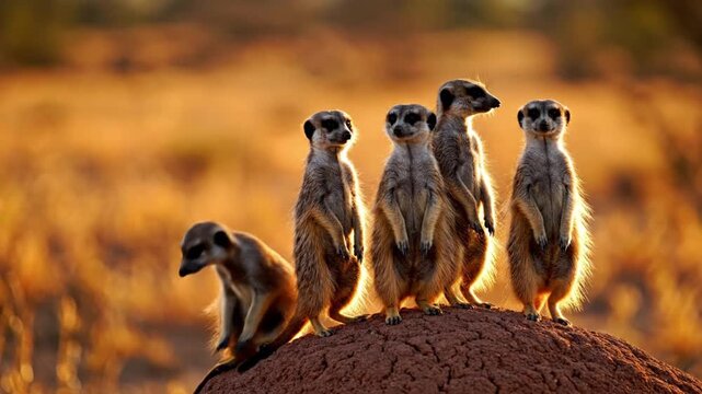 Generative ai imagery of meerkats standing vigilantly in golden savanna landscape nature photography evening light